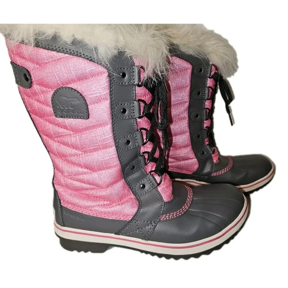Sorel Tofino II Snow Boots YOUTH Size 6 Pink Gray Waterproof Fleece Fur Trim